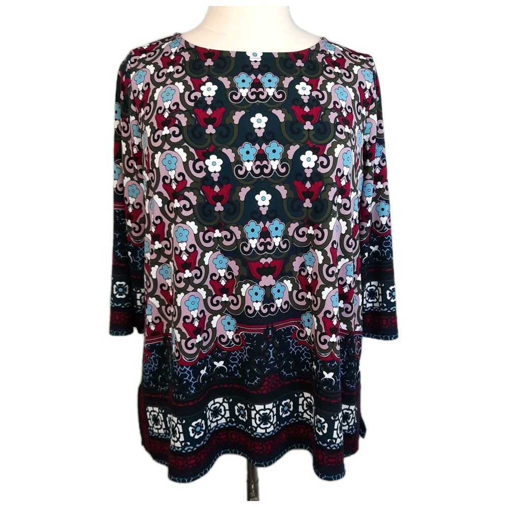 Talbots Floral Tunic Top Blue Stretch Knit Womens 2XP Boho Artsy‎ Comfort Career
